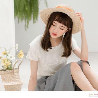 Floral Lace Panel Striped T-shirt