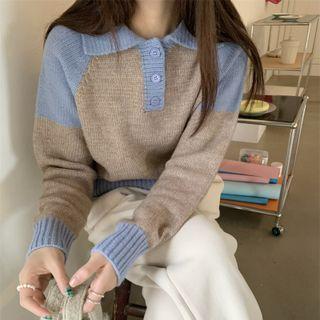 Long-sleeve Two-tone Polo Sweater Khaki - One Size