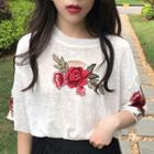 Floral Embroidered Ripped Elbow-sleeve T-shirt