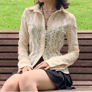 Long-sleeve Lace See-through Blouse