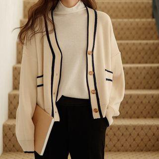 Drop-shoulder Piped Cardigan