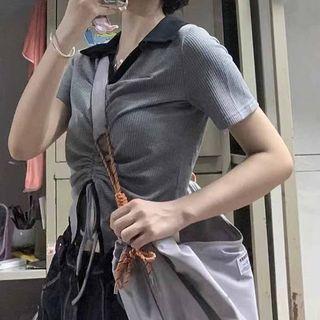 Short-sleeve Lapel Contrast Trim Drawstring Top