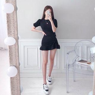 Puff-sleeve Drawstring-front Minidress