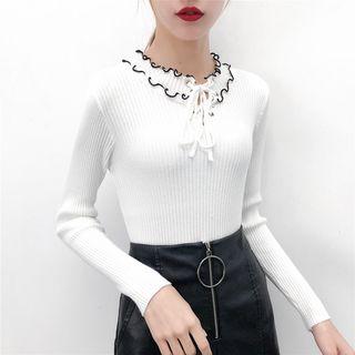 Tie-neck Lettuce Edge Long-sleeve Knit Top