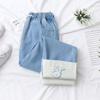 Dinosaur Embroidered Cropped Straight Leg Jeans