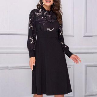 Long-sleeve Bow Accent Printed High-waist Dress