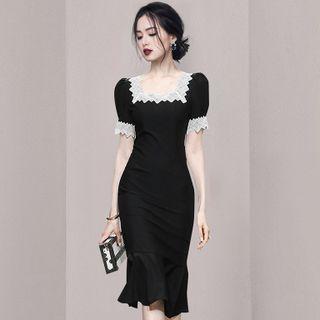 Short-sleeve Lace Trim Ruffle Hem Sheath Dress