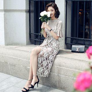 Set: Short-sleeve Long T-shirt + Strappy Lace Dress