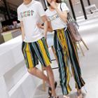 Couple Matching Lettering Short-sleeve T-shirt / Striped Drawstring Pants/ Shorts