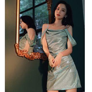 Glitter Rhinestone Cold-shoulder Mini Sheath Dress