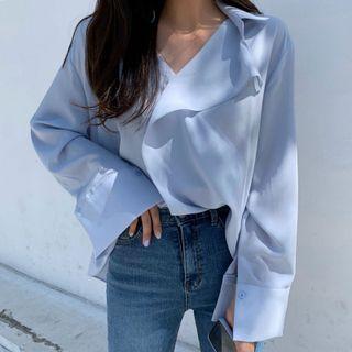 Long Sleeve Asymmetrical Ruffled Plain Shirt