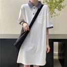 Elbow-sleeve Two-tone Polo Dress White - One Size