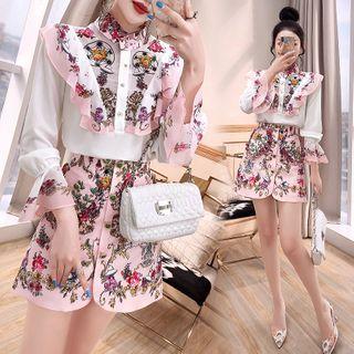 Set: Floral Print Ruffled Blouse + A-line Skirt