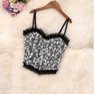 Lace Ruffled Camisole Top White Lace - Black - One Size