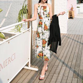 Braided-strap Tropical Print Long Sundress