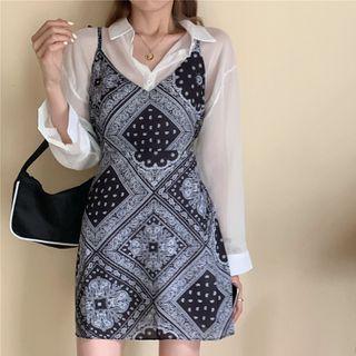 Long-sleeve Chiffon Shirt / Spaghetti Strap Paisley Print A-line Mini Dress