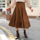 Band-waist Faux-suede Flare Skirt Brown - One Size