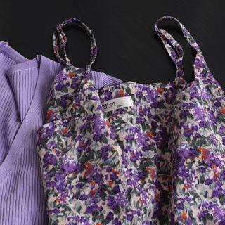 Floral Print Spaghetti-strap Dress Purple - One Size