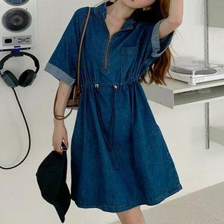 Denim Half-zip Mini A-line Dress