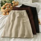 Elastic High-waist Frog-button Knit Mini Skirt