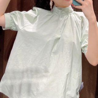 Puff-sleeve Embellished Mock-neck Top