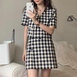 Set: Short-sleeve Double-breasted Gingham Check Blouse + Mini Skirt