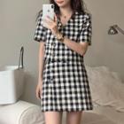 Set: Short-sleeve Double-breasted Gingham Check Blouse + Mini Skirt