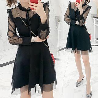 Long-sleeve Dotted Mesh Mini A-line Dress