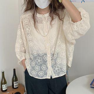 3/4-sleeve Floral Blouse Almond - One Size