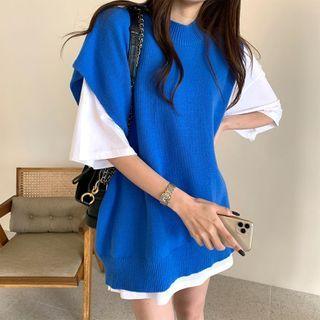 Asymmetric Sleeve Knit Vest / Short-sleeve Plain Top