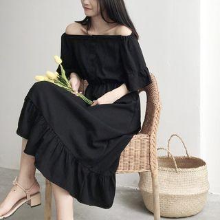 Plain Off-shoulder Loose-fit Short-sleeve Dress