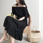 Plain Off-shoulder Loose-fit Short-sleeve Dress