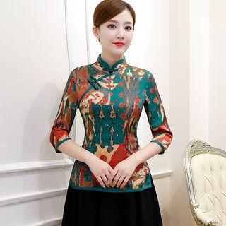 Printed 3/4-sleeve Hanfu Top / Midi A-line Skirt / Set