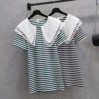 Lace Lapel Striped Dress
