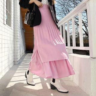 Band-waist Crystal-pleat Maxi Layered Skirt