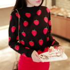 Mock-neck Strawberry-embroidered Sweater Black - One Size