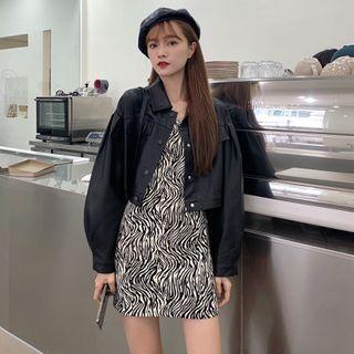 Faux Leather Cropped Buttoned Jacket / Spaghetti Strap Zebra Print Mini Dress