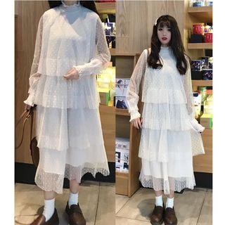 Long-sleeve Dotted Midi Layered Mesh Dress White - One Size