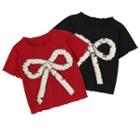Short-sleeve Frill Trim Bow Knit Top