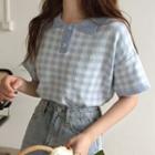 Short-sleeve Gingham Check Polo Knit Top