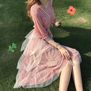 Sheer Panel Elbow-sleeve Tiered Midi Dress Pink - One Size