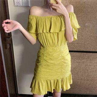 Elbow-sleeve Off-shoulder Ruffled Mini Dress