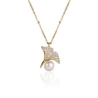 Rhinestone Leaf Faux Pearl Pendant Necklace Gold - One Size
