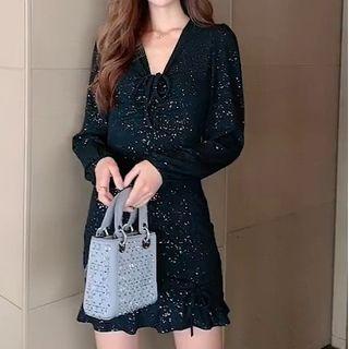 Long-sleeve Drawstring Glitter Mini Sheath Dress