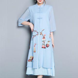 Mock Two-piece Embroidered 3/4-sleeve Dress
