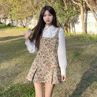 Mock Two-piece Long-sleeve Floral Print Panel Mini A-line Dress