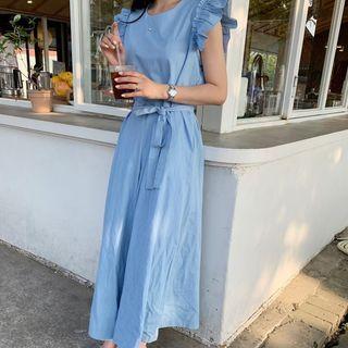 Sleeveless Frill Trim Tie-waist Midi A-line Dress Blue - One Size