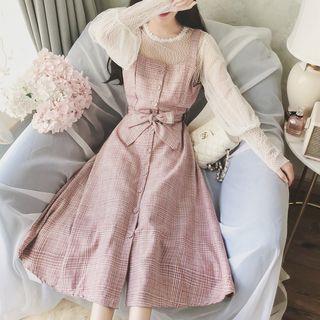 Set: Puff-sleeve Lace Top + Plaid Midi Pinafore Dress