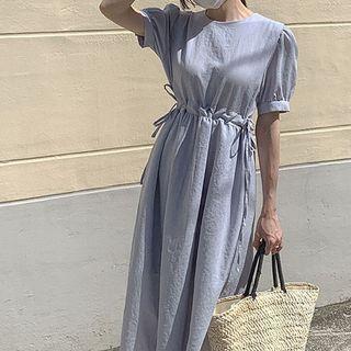 Puff-sleeve Drawstring-waist Midi A-line Dress