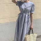 Puff-sleeve Drawstring-waist Midi A-line Dress